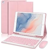 for iPad 6th 5th Generation Pro 9.7 Inch Keyboard Case and Mouse - Pink | Case Auto Sleep/Wake with Pen Slot Adjustable Stand Cover, 7-Color Backlit Detachable Keyboard, with Silent Portable Mouse