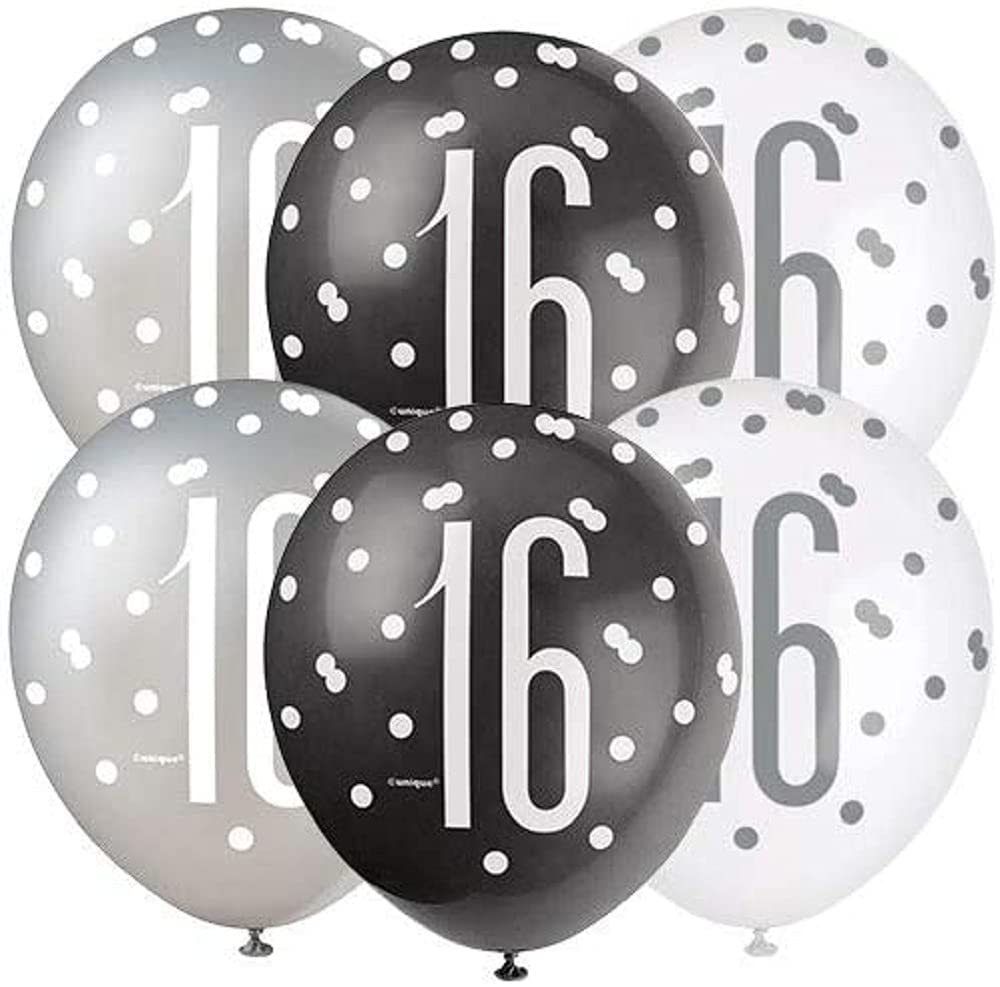 Deluxe 16th Birthday Glitz Latex Balloons - Elegant Black, Silver & White Combo - Elegant Party Decor for Age 16 Celebrations - 6 Pcs