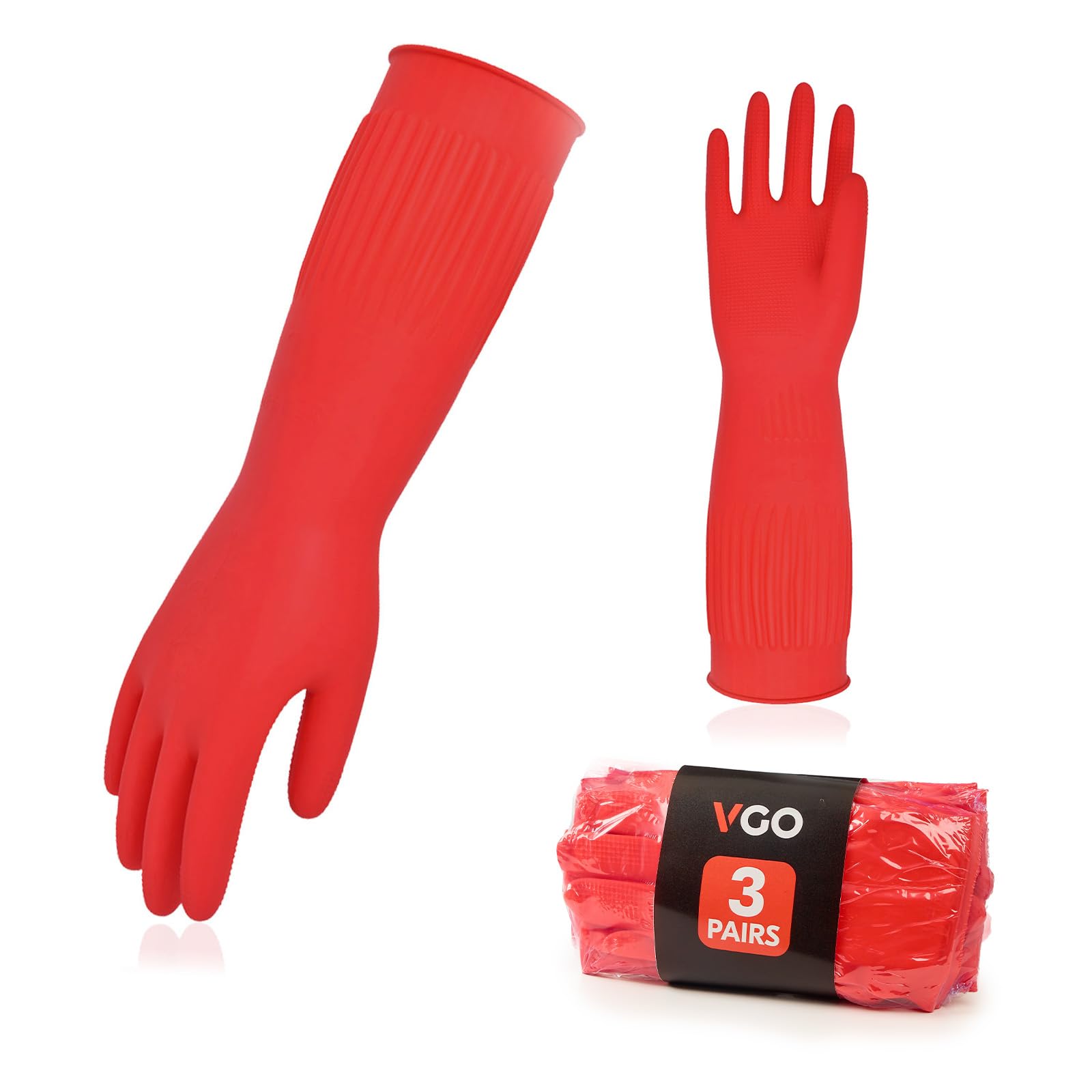 Vgo... 3Pairs Household Cleaning Gloves,Rubber Dishwashing gloves,Extra Thickness,20CM Long Sleeves,Kitchen Cleaning/Working/Painting/Gardening/Pet Care(RB2143, Red, L, 3Pairs)