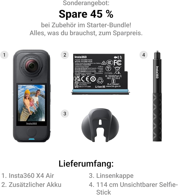 X4 Air, 8K 360°-Kamera 165 g leichte, Unsichtbarer Selfie-Stick, Wechsel-Linsen, Aufnehmen & dann ausrichten, KI-gestützte App, FlowState-Stabilisierung, integr. Windschutz, Starter-Bundle