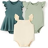 PATPAT Baby Girl Bodysuits - Soft Bamboo Viscose - Flutter Sleeves Cute Dress - Newborn Infant Summer Clothes - 3 Pack