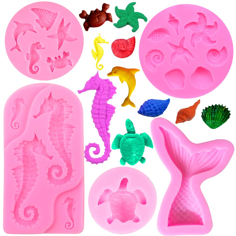 Nifocc Marine Theme Cake Fondant Mermaid Tail Seahorse Starfish Seashell Turtle Silicone Mold Chocolate Candy Molds Cupcake Decoration Tool for DIY Cake Decoration Polymer Clay - 5 Pcs
