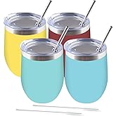 Amtidy 4 Pack Powder Coated Stainless Steel Tumbler with Lid,Equipped with straw and straw brush,12 oz Double Wall Vacuum Insulated Travel Tumbler Cup for Coffee, Wine, Cocktails