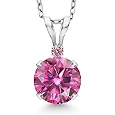 Gem Stone King 14K White Gold Pink Moissanite and Pink Lab Grown Diamond Pendant Necklace for Women | 0.82 Cttw | Gemstone Birthstone | Round 6MM | With 18 Inch Silver Chain