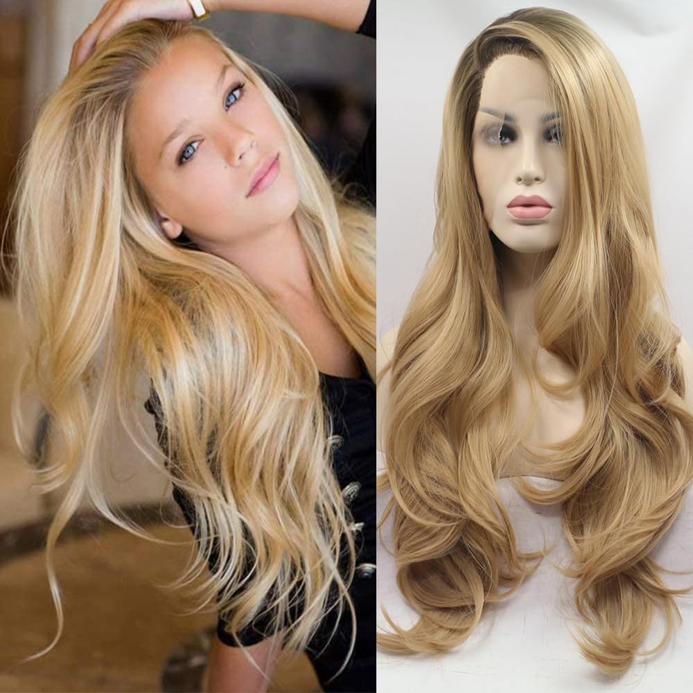xiweiya Long Natural Wave Ombre Brown Blonde Synthetic Lace Front Wigs with Brown Roots 2 Tones Side Part Wig Heat Resistant Fiber Hair Wigs For Women Replacement Everyday Wigs 24" โ image 1