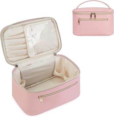 Wandering Nature Travel Makeup Bag with Brush Compartment Pink PU Leather