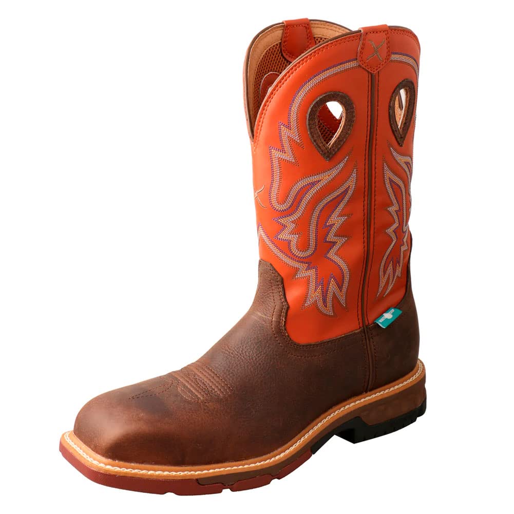 Twisted X Men’s 12″ Pull On Nano Composite Toe Waterproof Western Work Boot, Square Toe with CellStretch, Brown & Orange, 11.5 D