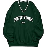Remidoo Womens New York Embroidered V Neck Sweatshirt Oversized Long Sleeve Pullover Top