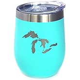Bevvee Great Lakes Map Wine Tumbler with Sliding Lid - Stemless Stainless Steel Insulated Cup - Cute Outdoor Camping Mug - Teal