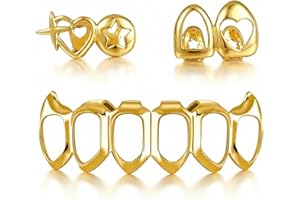 ZZQPSD Gold Grillz Set Open Face Hip Hop Teeth Jewelry Gold Plated Dental Caps for Top Bottom Removable Grills for Men Women