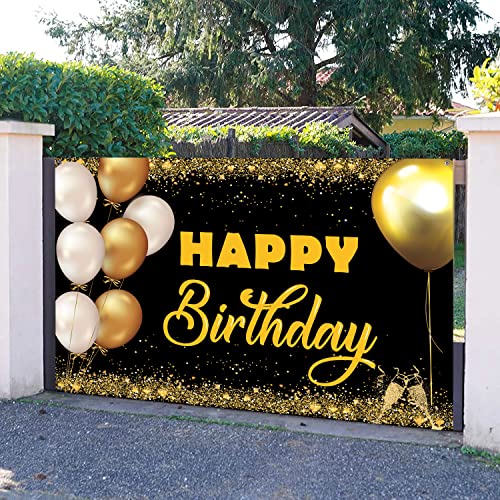 Happy Birthday Backdrop Banner 5.9x3.9 FT Extra Large Black and Gold Sign Poster for Birthday Anniversary Party Decoration Supplies, Style B
