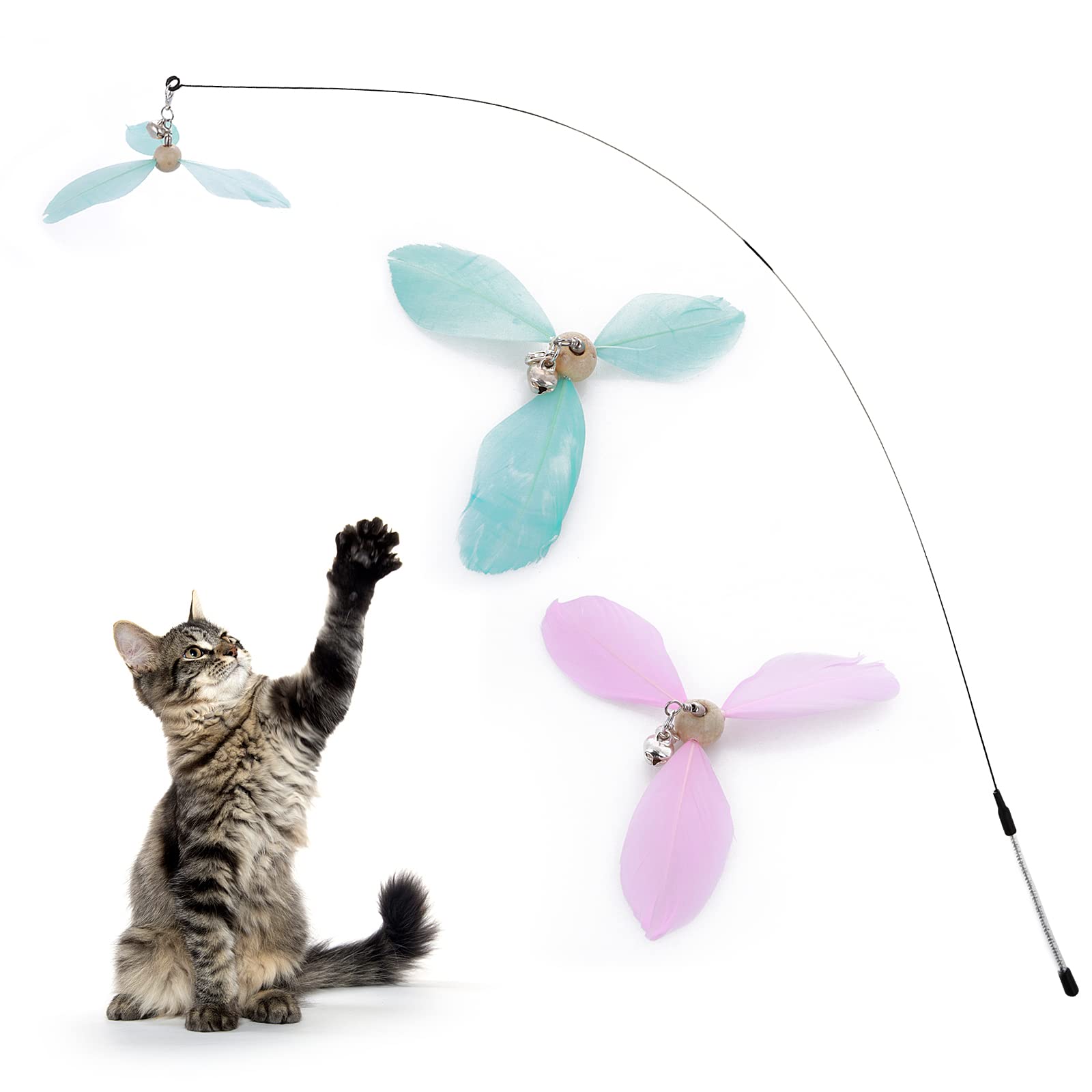 Cobee Cat Wand Toys, Interactive Cat Toys with 2 Feather Refills, Cat Feather Propeller Wand Toy with Bell, Cat Feather Toys Replacement Refills, Indoor Cat String Toy for Kitten Training(Blue+Pink) — image 1