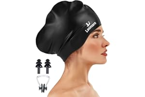 LASMARE Large Long Hair Swim Cap with Extra Room for Women Men, Silicone Swimming Cap for Long Thick Hair with Ear Plugs Nose Clip Set, Adult Waterproof Swim Hats Bathing Caps to Keep Hair Dry