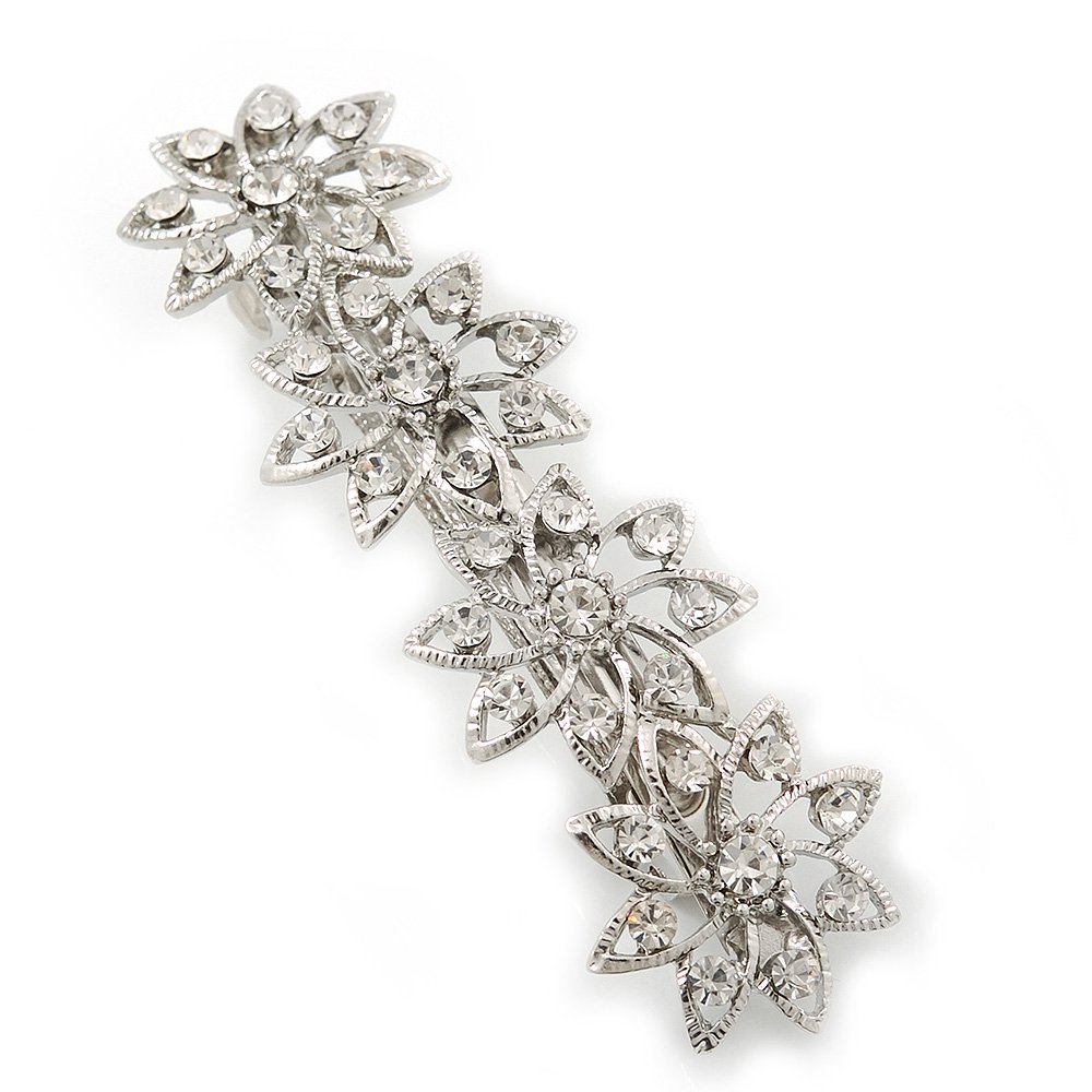 Bridal Wedding Prom Silver Tone Crystal Diamante 'Flower' Barrette Hair Clip Grip - 85mm Across