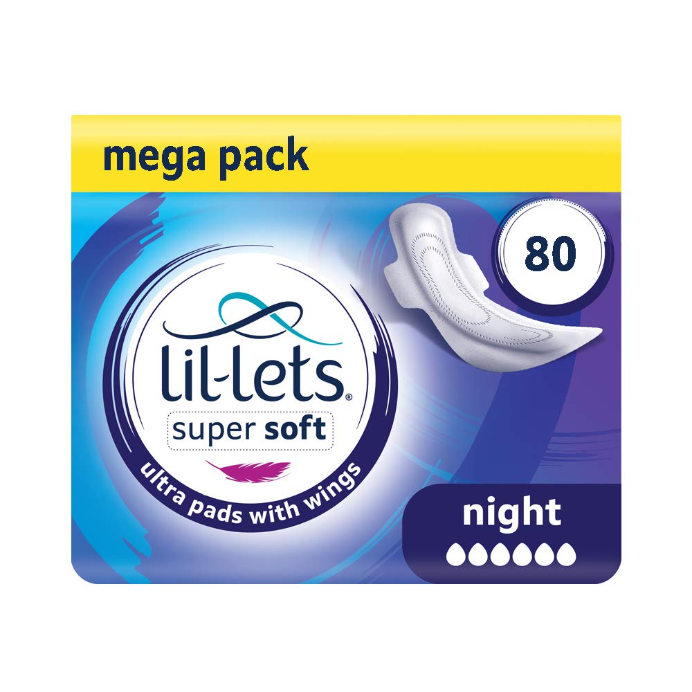Lil-Lets Super Soft Ultra Thin Period Pads-80 Count, Night Absorbency, with Wings, (Packs of 8) 10 Pads-Bulk Pack, Very Heavy Flow for Nightime, Unscented, Extra Long Sanitary Towels