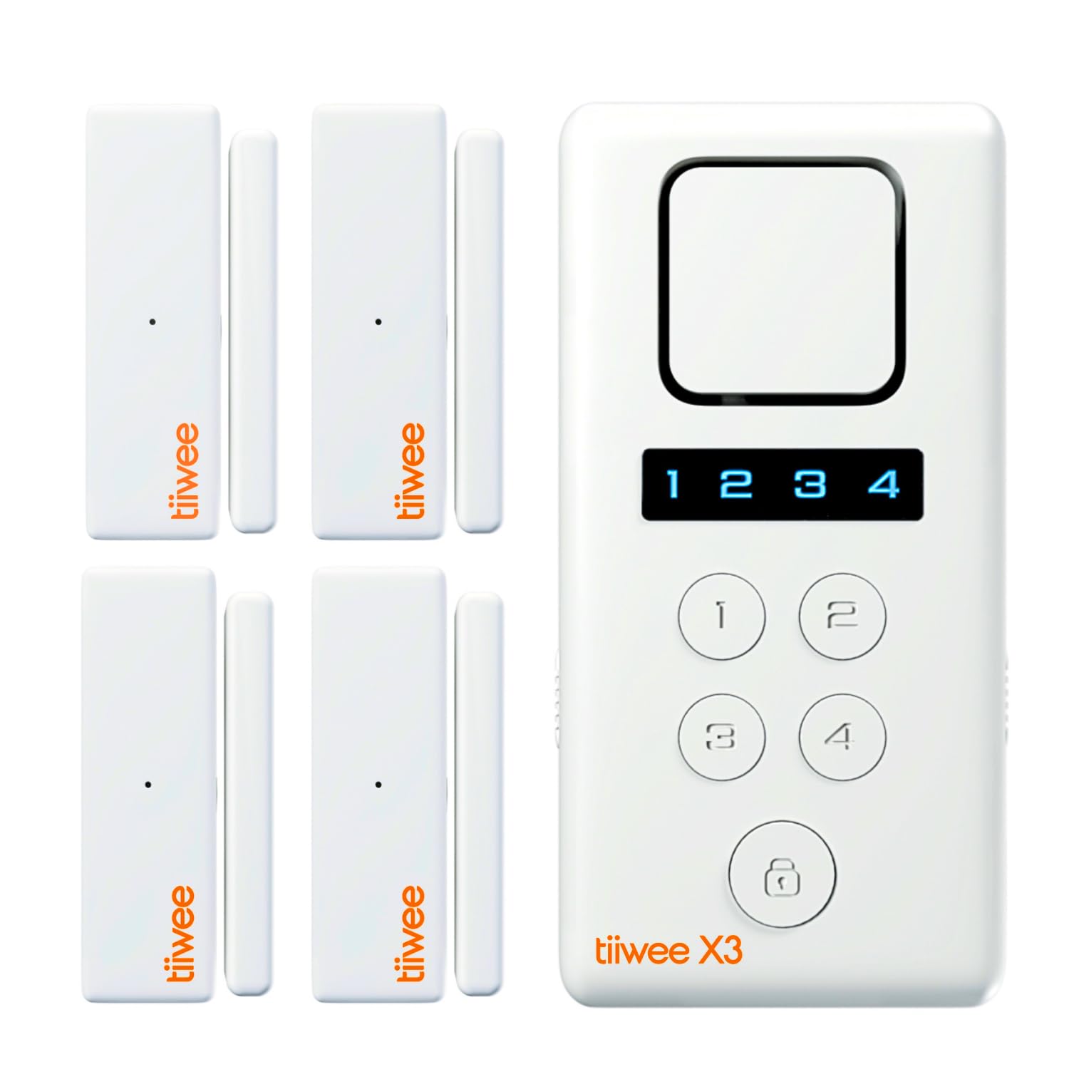 tiiwee X3 Wireless Home Alarm System, White - Loud 120dB Siren, 4 Door & Window Sensors, Battery Powered, Touch Control, Photoelectric