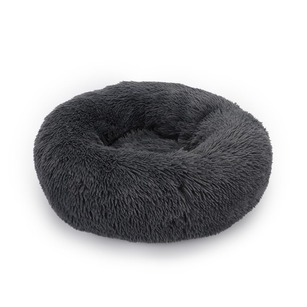 Vadjmnxcva Cat Bed, Plush Donut Dog Bed, Cat Beds for Indoor Cats Washable Calming Round Dog Cat Bed Soft and Fluffy Pet Bed for 3Kg Pet, Dark Grey