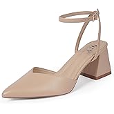 QIY Closed Toe Heels for Women Ankle Strap Pointed Toe Slingback Chunky Low Heels Womens Pumps Wedding Dress Shoes