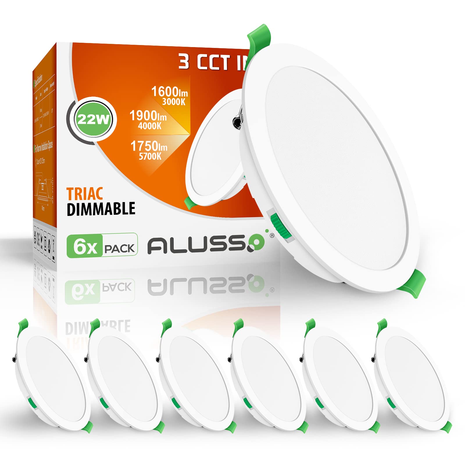 ALUSSO LED Recessed Ceiling Spot Lights, 22W Downlights Dimmable 1900LM, Warm White 3000K Neutral White 4000K Cool White 6500K Adjustable, IP44 Ultra Slim Round for Bathroom Bedroom, 6 Pack