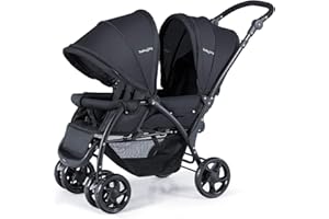BABY JOY Double Stroller, Foldable Lightweight Twin Stroller with Tandem Seating, Adjustable Backrest/Canopy/Footrest, 5-Point Harness, Storage Basket, Newborn and Toddler (Black)