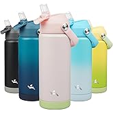 Konokyo Insulated Water Bottle with Straw Lid,18 oz Stainless Steel Vacuum Metal Bottle with Silicone Handle,Pearl