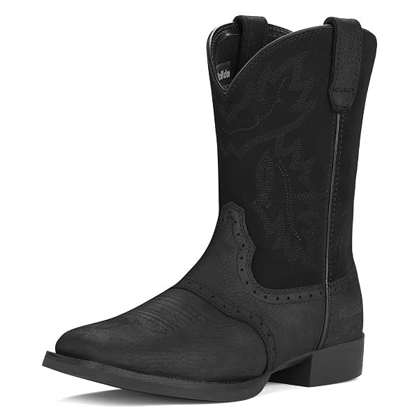 ROLLDA LEATHER COWBOY BOOTS FOR MEN WESTERN BOOTS SQUARE TOE CHUNKY HEEL MID-CALF BOOTS CLASSIC EMBROIDERED WITH PULL ON TABS BLACK SIZE 8