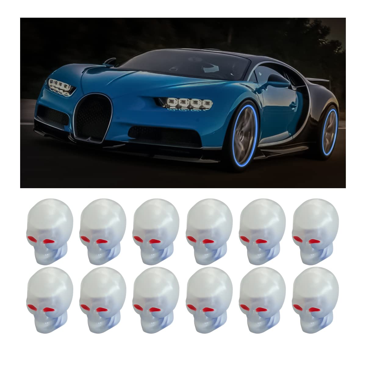 Photo 1 of 12PCS Fluorescent Skull Tire Valve Stem Caps, Luminous Auto Wheel Air Valve Cap, Illuminated Glow in The Dark Corrosion Resistant, Car Accessories for Truck, SUV, Motorcycle, Car (Skull Blue)