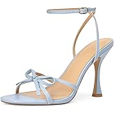 iiimmu Women's Bow Heels 4 IN Stiletto Heeled Sandals for Women Round Open Toe Sandals Elegant Summer Heels Soft PU Leather/Faux Suede