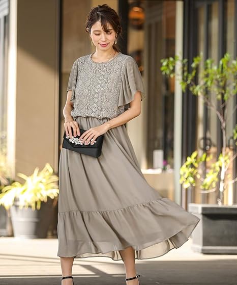 Amazon Nissen ニッセン パーティードレス ワンピースドレス 大きいサイズ 袖プリーツ使いレースワンピースドレス 結婚式 二次会 お呼ばれ対応 大きいサイズ有 オリーブ 3l レディース ワンピース チュニック 通販