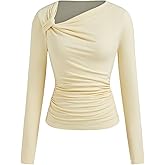 CIDER Crop Top Long Sleeve Tops Asymmetrical Neck Ruched Slim Fitted Tee Basic Going Out T-Shirt Y2K Long Sleeve