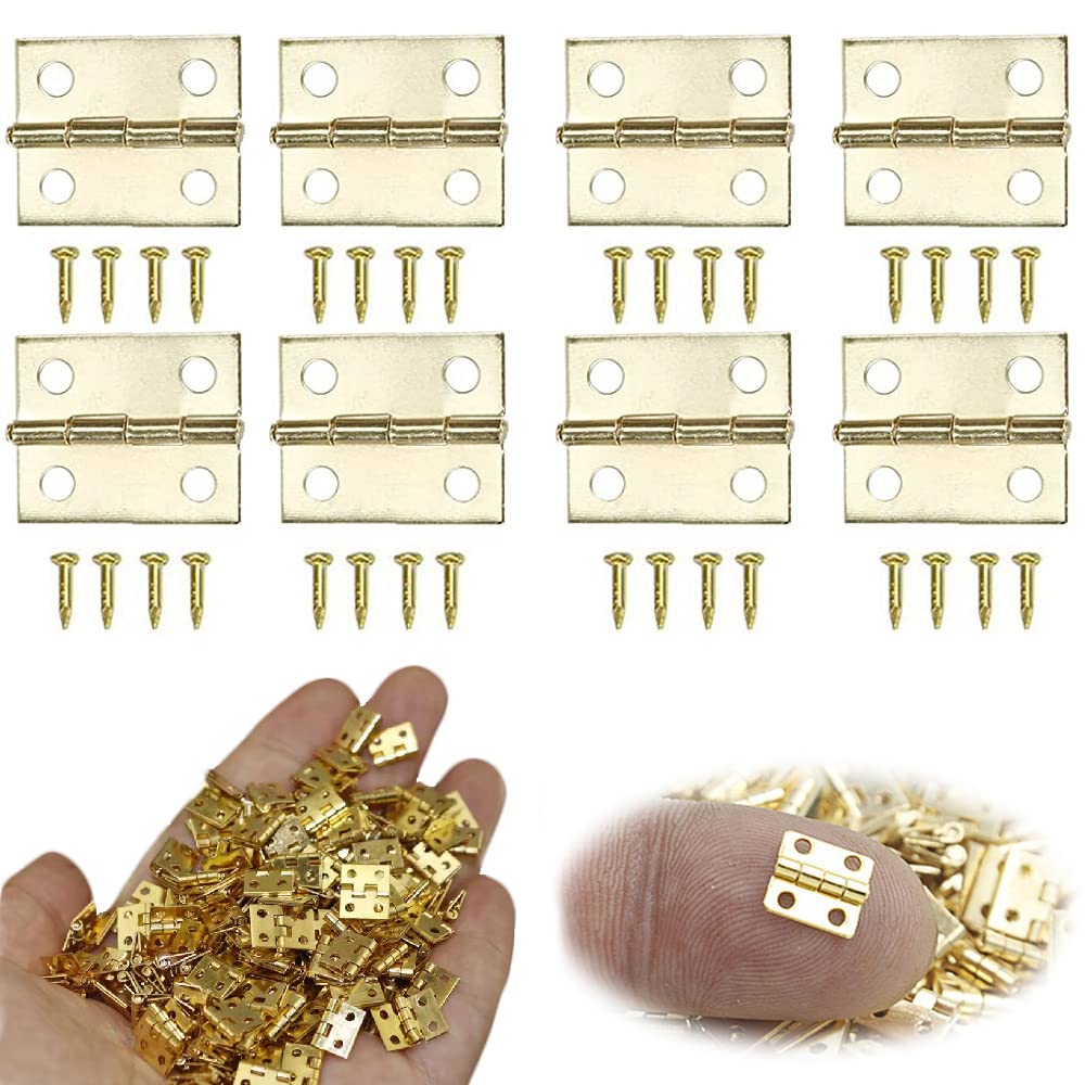 Lxoraziy 100 Pieces Small Mini Hinges, Folding Butt Hinges, Miniature Furniture Cabinet With Brass Tack, for DIY Wooden Jewelry Box, Doll Houses, Tool Box (Gold)