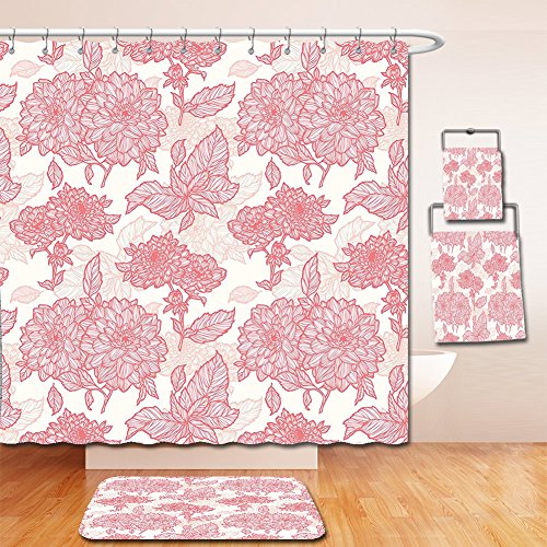 Nalahome Bath Suit: Showercurtain Bathrug Bathtowel Handtowel Flowers Decor Gardening Plants Theme Dahlias Flowers and Leaves Illustration Romantic Design Pink