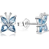 AGRULE Small Butterfly/Dragonfly Stud Earrings 925 Sterling Silver/14K Gold Plated Created Gemstone Birthstone Studs Hypoallergenic Ear Jewelry Gift for Her