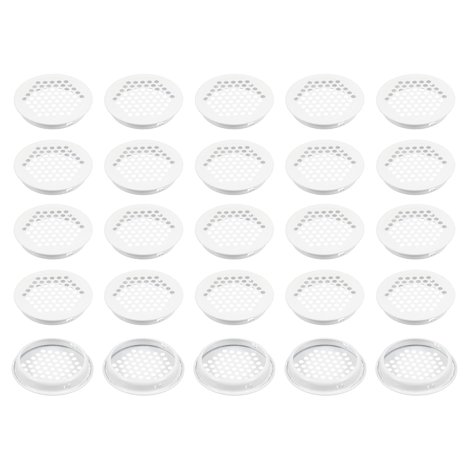 PATIKIL 65mm Circular Air Vents, 25 Pcs Round Mesh Hole Flat Soffit Vents Stainless Steel Dual Panel Round Mesh Hole Louver for Bathroom Kitchen Wardrobes Shoe Sundry Cabinets, White