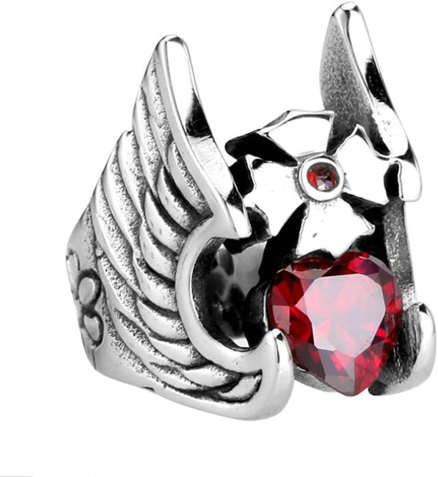 Xiangling Jewelry Stainless Steel Mens Cross Rings of Thor's Helmet with Red Heart Zirconia