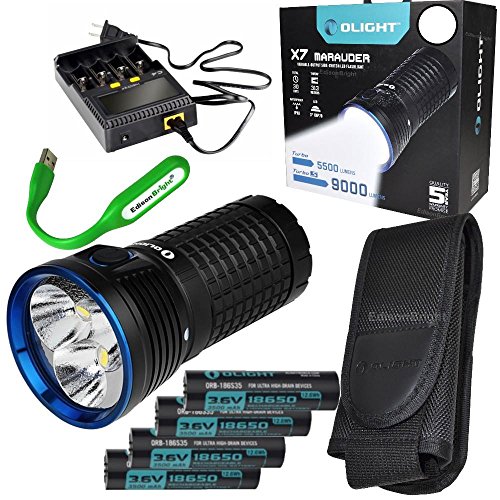 Rechargeable Kitï¼š Olight X7 Marauder 9000 Lumen LED flashlight/searchlight, 4 X 3500mAh Rechargeable Olight Batteries, charger and EdisonBright USB reading light (Cool White beam)