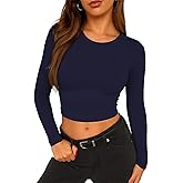 ForeFair Womens Crew Neck Long Sleeve Crop Top Tight Going Out Tops Fitted Fall Y2K Basic Shirts