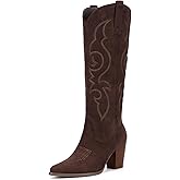 Pasuot Suede Cowboy Boots for Women - Western Knee High Cowgirl Boots with Side Zipper, Retro Pointed Toe Tall Block Heel Pull On Long Boot for Ladies Fall Winter Rodeos Concert Festival Daily