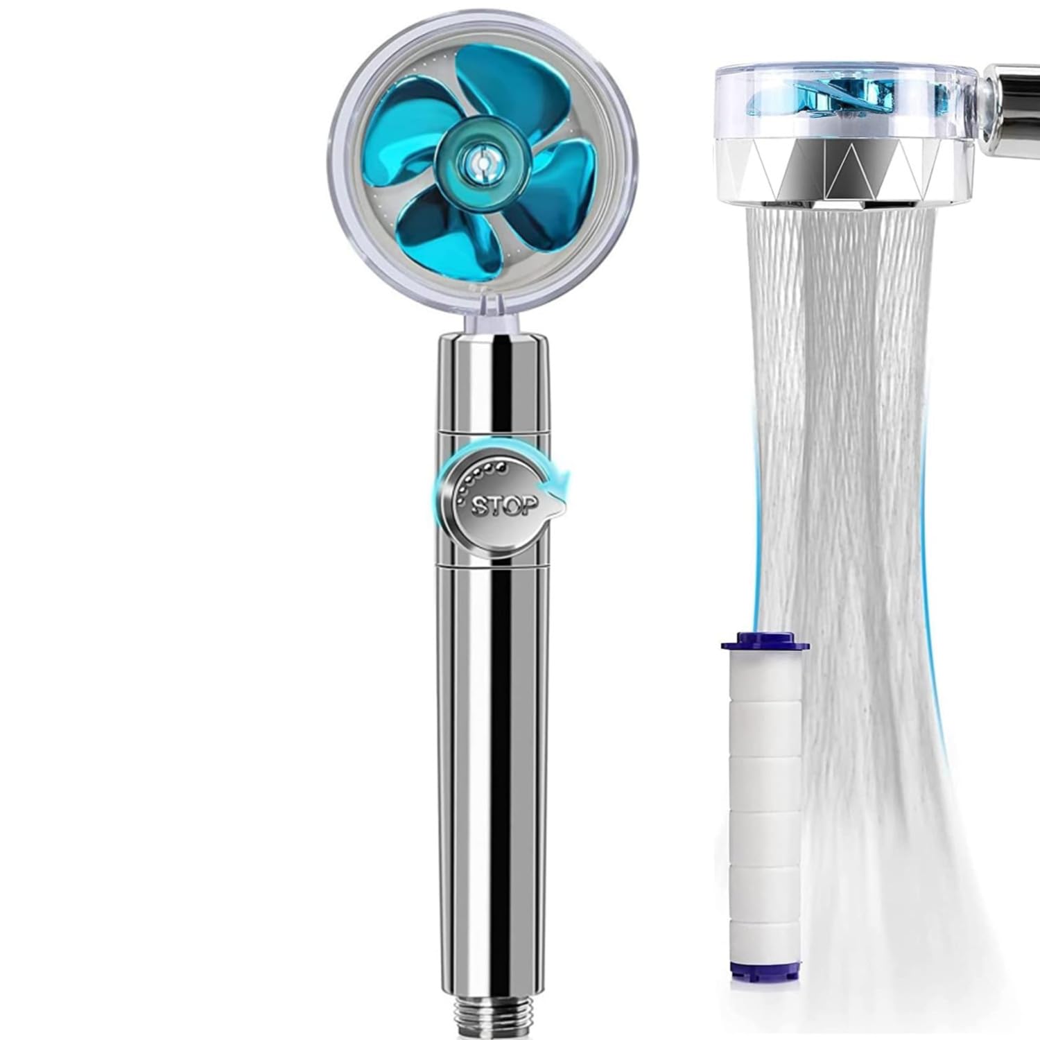 JJiaoLinin High Pressure Shower Heads, Handheld Turbo Fan Shower with Filters Vortex Hydro Jet Turbo Propeller 360 Degrees Rotating Shower Head(Blue)