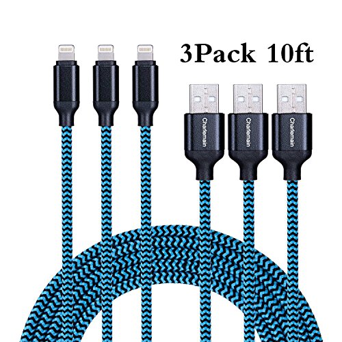 Charlemain 3Pack 10ft Phone Charger Cable, Extra Long Nylon Braided USB Charging and Data Sync Cord Compatible with Phone X XS Max XR/8/8 Plus/7 Plus 6s/6s Plus/6/6 Plus/5s/5/SE, Pad