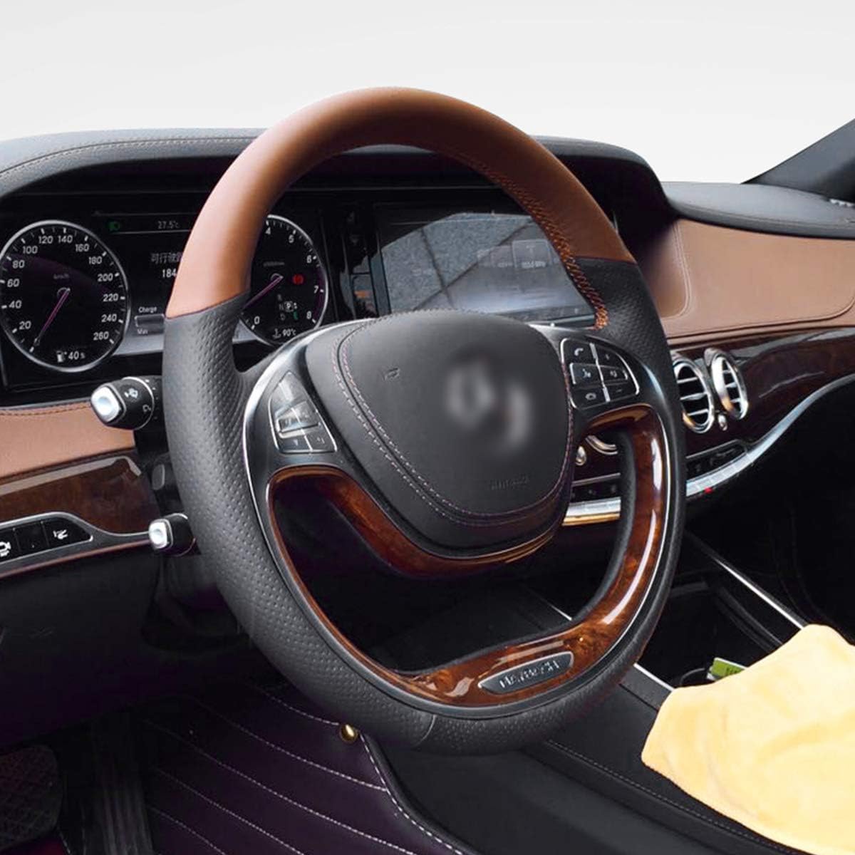 St Marco Customized Top Layer Cowhide Hand-Stitch Auto Steering Wheel Cover for Benz E260/E200L (Light Coffee Genuine Leather+Black Perforated Genuine Leather+Brown thread001)