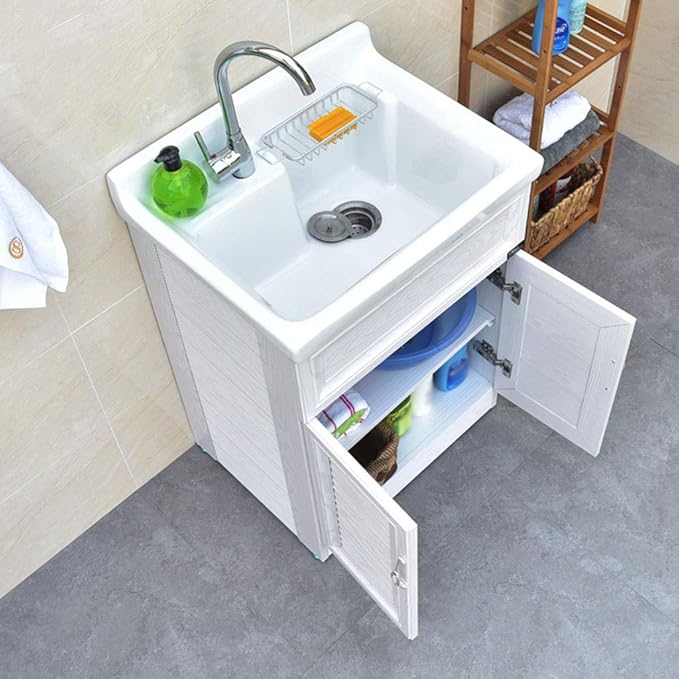 Meuble Blanche Pour Eviers De Buanderie Utilitaire Grande Vasque En Ceramique Etagere A Deux Etages Avec Porte A Persiennes Lavabo De Salle De Bain Avec Robinet Et Kit De Drainage Amazon Fr Cuisine Maison