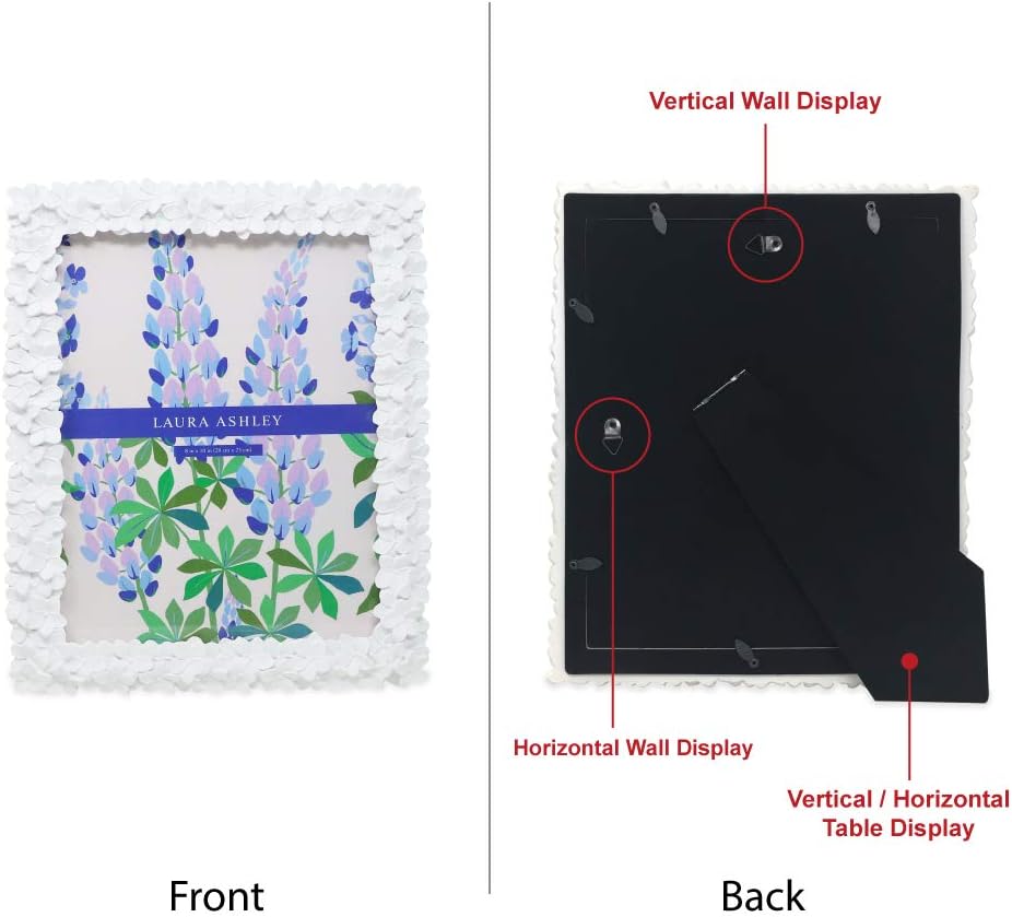 Laura Ashley 8x10 White Flower Textured Hand-Crafted Resin Picture Frame w/ Easel & Hook for Tabletop & Wall Display, Decorative Floral Design Home Décor, Photo Gallery, Art (8x10, White) -