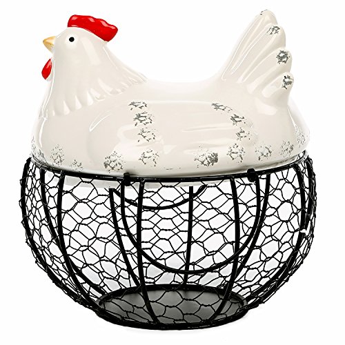 Black Metal Mesh Wire Egg Storage Basket with White Ceramic Farm Chicken Top and Handles
