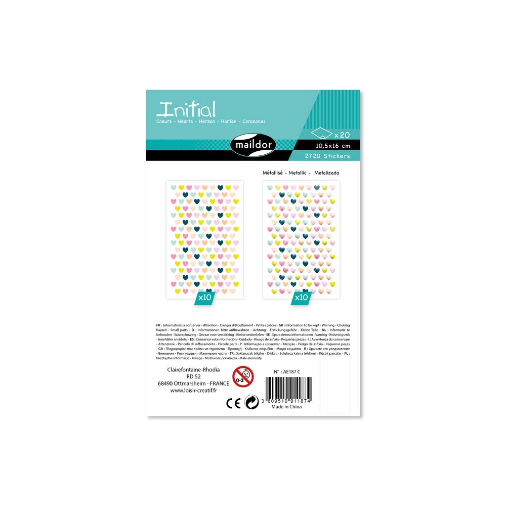 Maildor AE187C - Un sachet de gommettes Initial 20 planches 10,5X16 cm, Mini-coeurs métals et pastels (2 720 stickers)