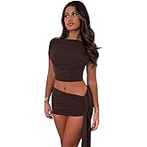 Women's 2 Piece Outfit One Shoulder Sleeveless Crop Tops with Ruched Bodycon Mini Skirt for Party Clubwear