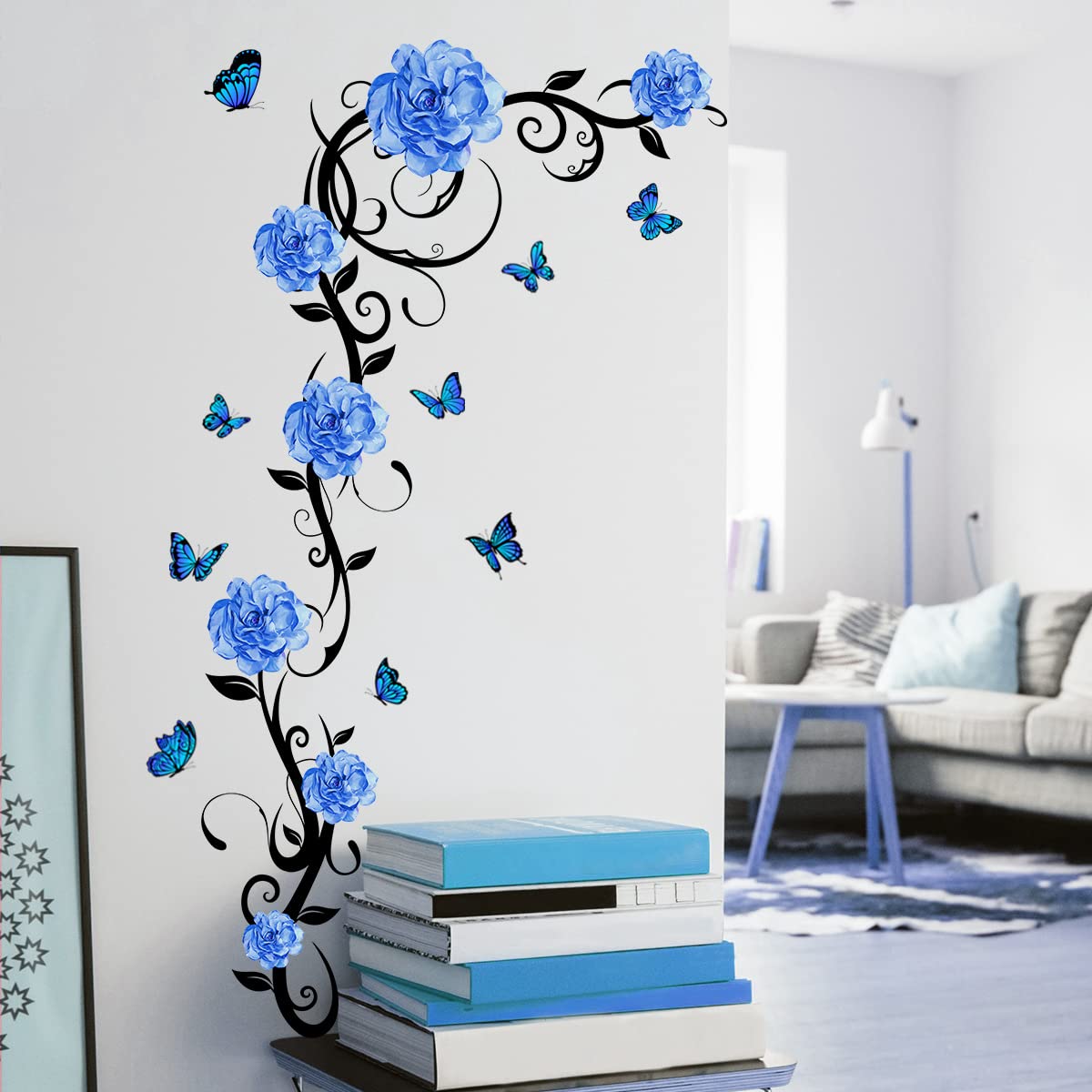 HGDESIGN Wall Sticker Blue Peony Rose Flower Tendril Living Room Bedroom Wall Decoration Home Decor