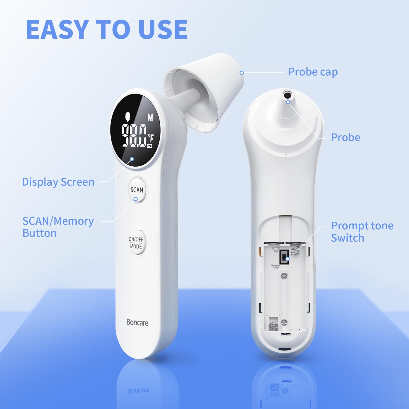 Boncare Ear and Forehead Thermometer, 2X Accuracy Infrared Digital Thermometer for Adults and Kids, 1 Second Reading, No Touch Baby with Fever Alarm