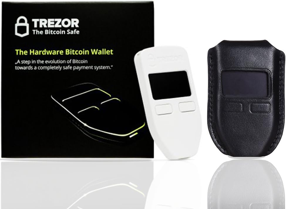 Trezor Crypto Hardware Wallet (White) with CryptoHWwallet Black Protective Leather case and dust Bag Gift Set in Retail Box