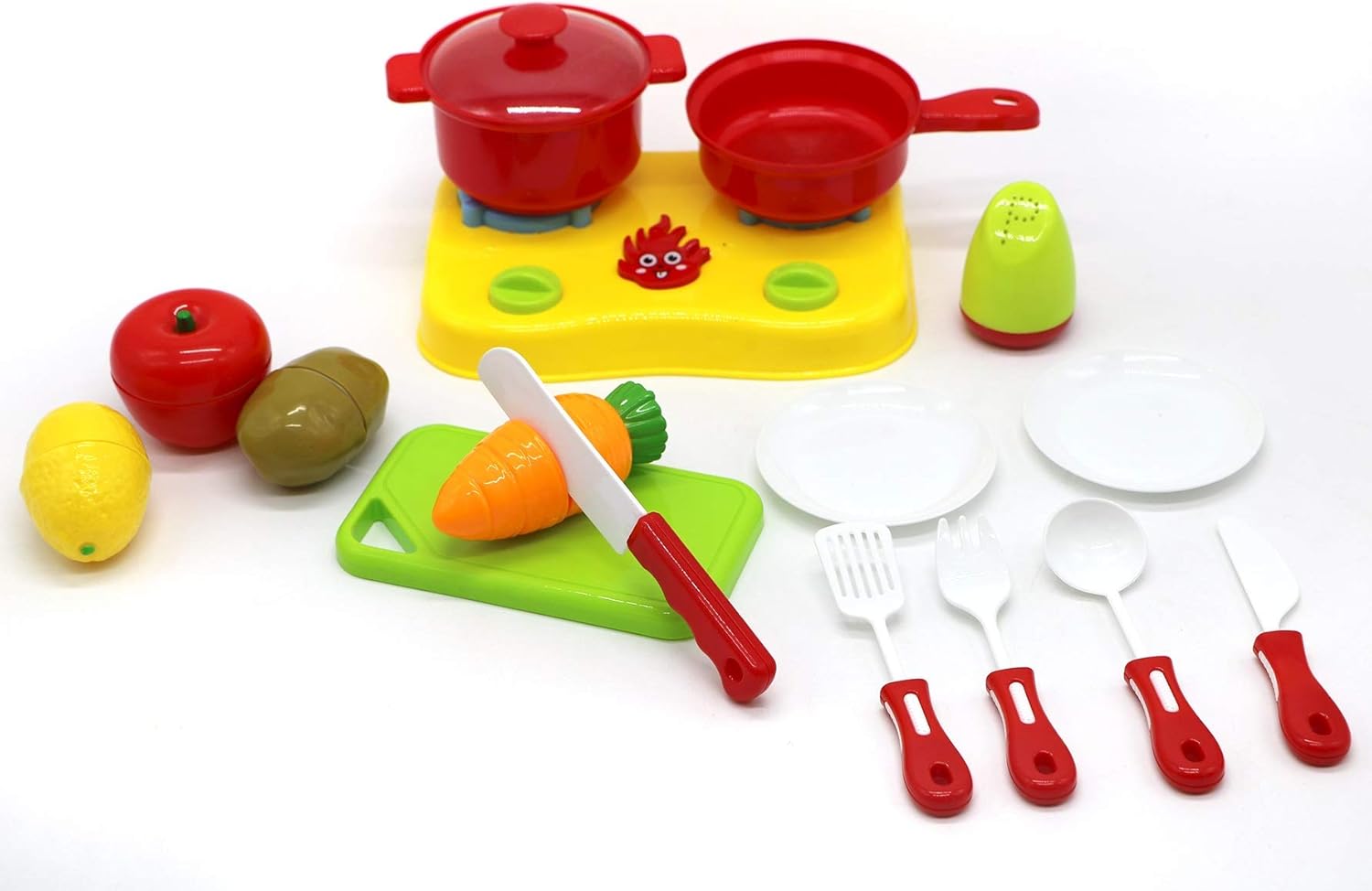 Toyzabo World Chef Gas Stove Set Pretend Cutting Food for Toddlers Play Pots and Pans Kitchen Accessories Toy Food with Toy Knife,Cutting Board,Veggies, Fruit, and Pot Healthy